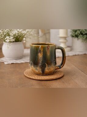 Handmade Pottery Mug Green Brown Drip Glaze Signed MA Artisan Mug